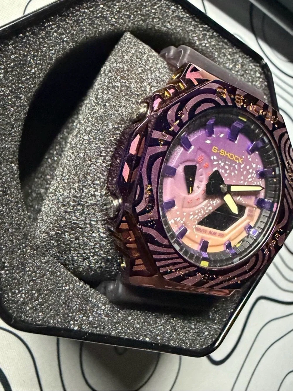 G-Shock Purple Zebra-Pattern Digital-Analog Watch with Gold Accents